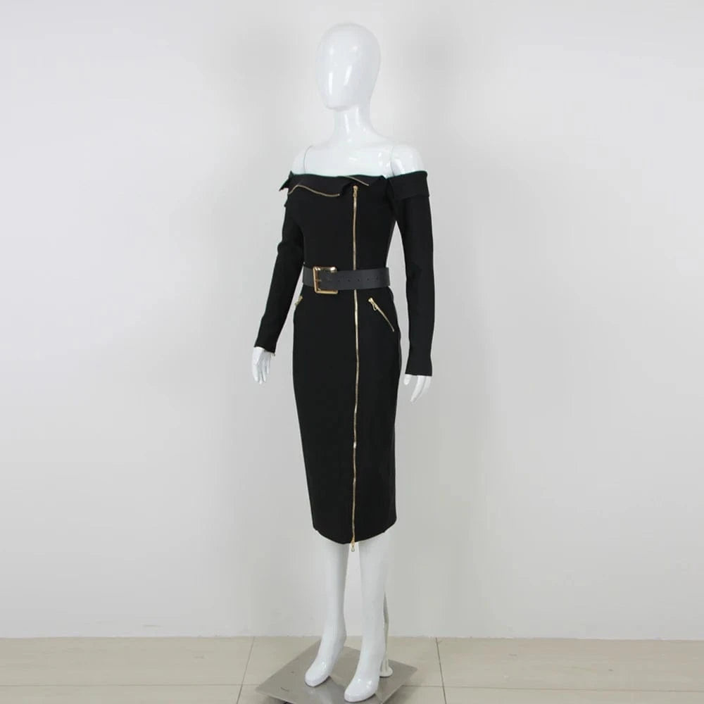 Women's Black Bodycon Long Sleeve Midi Bandage Dress Belt Zipper Evening Dresses