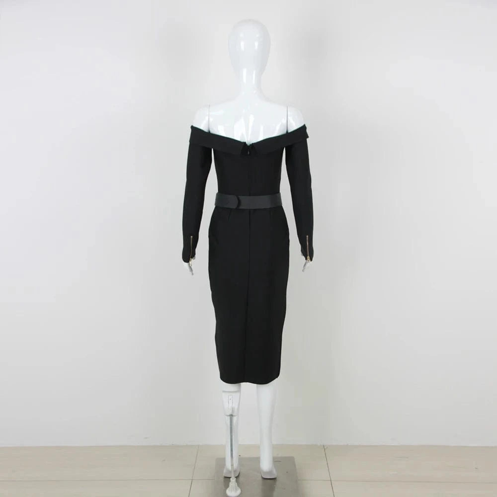 Women's Black Bodycon Long Sleeve Midi Bandage Dress Belt Zipper Evening Dresses