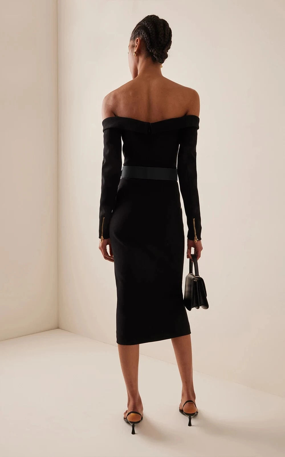 Women's Black Bodycon Long Sleeve Midi Bandage Dress Belt Zipper Evening Dresses
