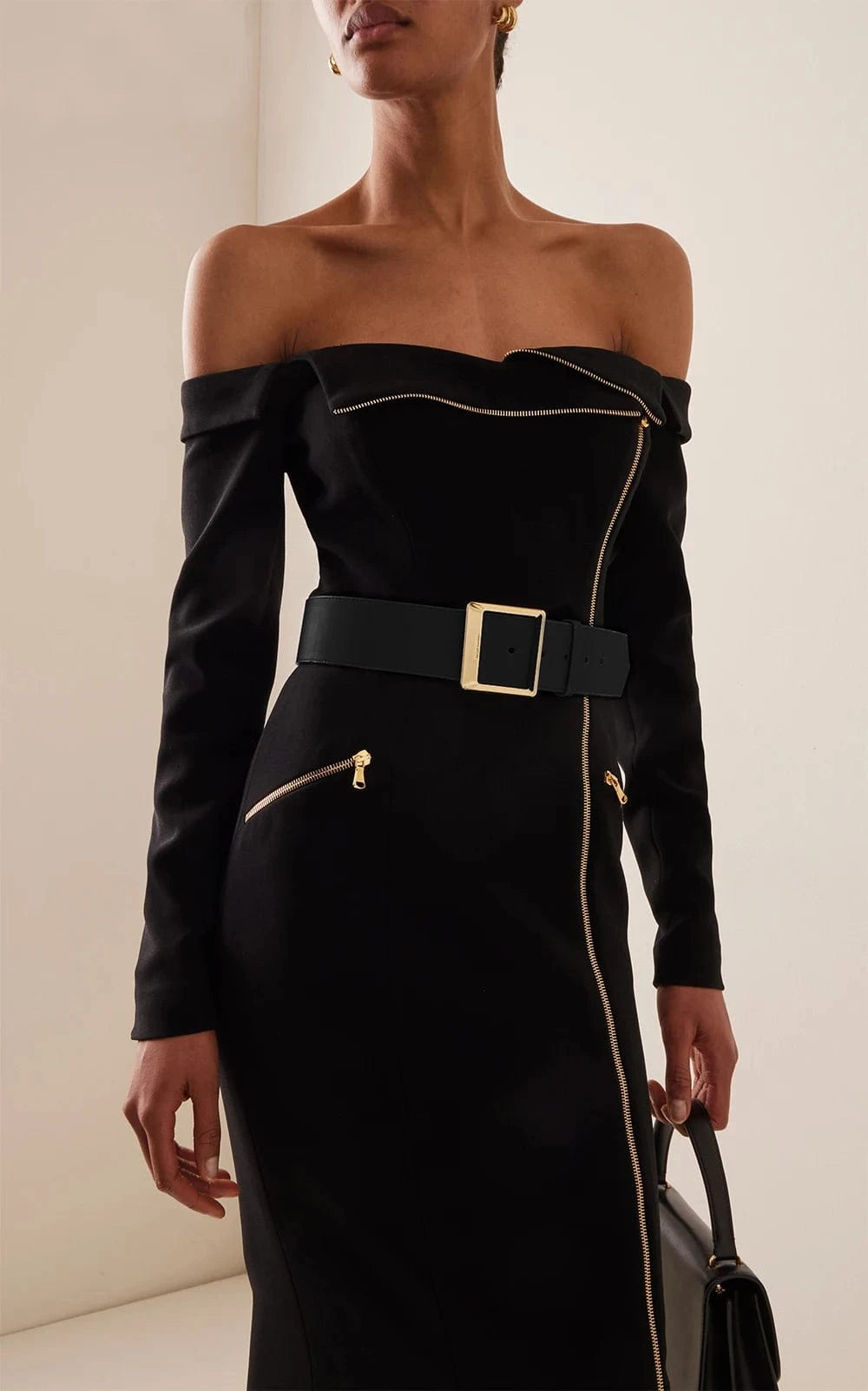 Women's Black Bodycon Long Sleeve Midi Bandage Dress Belt Zipper Evening Dresses