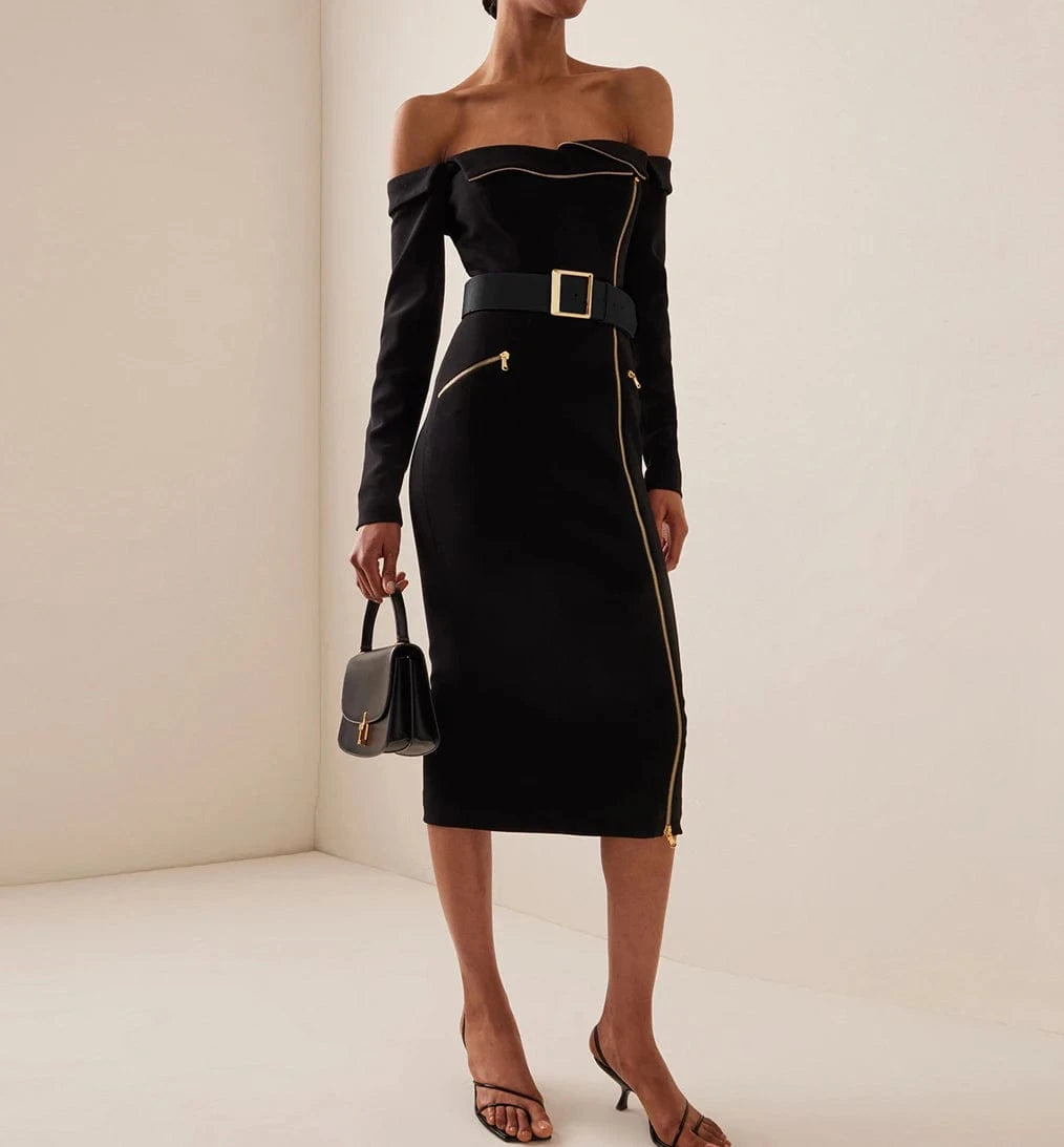 Women's Black Bodycon Long Sleeve Midi Bandage Dress Belt Zipper Evening Dresses