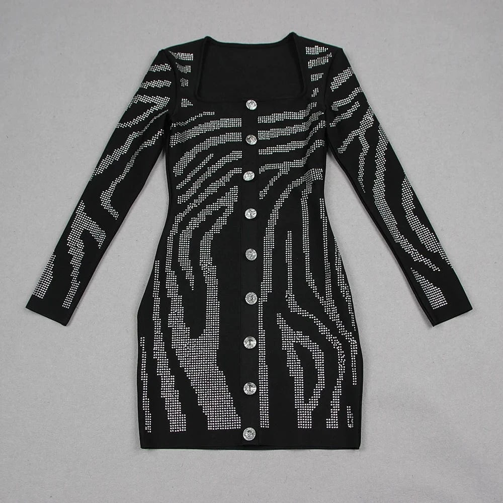 Women's Black Bodycon Long Sleeve Mini Dress Beading Diamond Bandage Evening Dresses