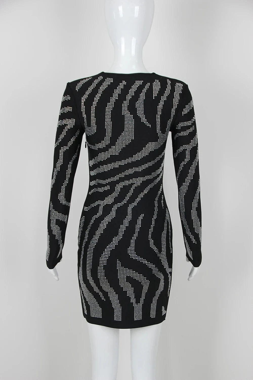 Women's Black Bodycon Long Sleeve Mini Dress Beading Diamond Bandage Evening Dresses