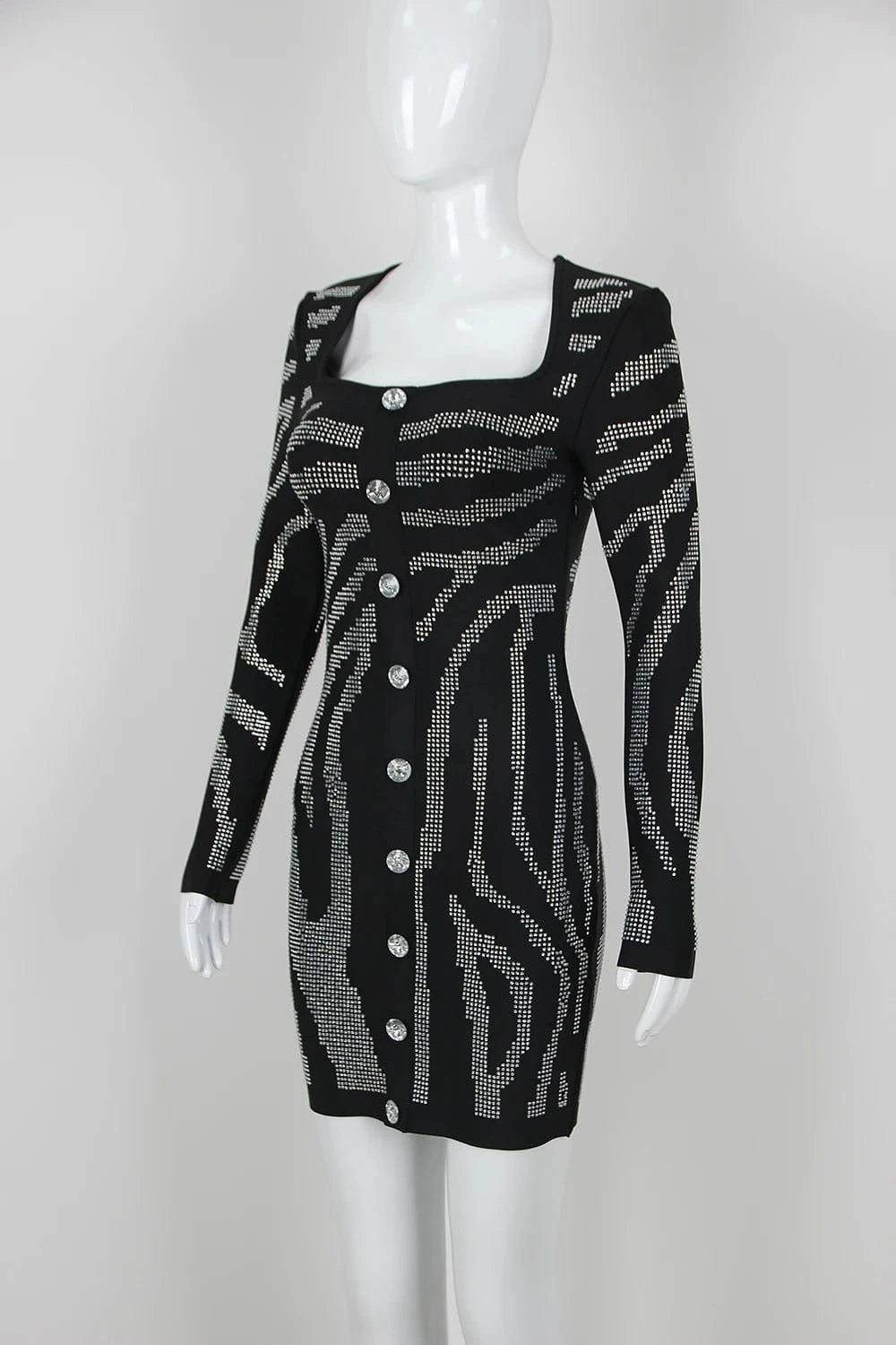 Women's Black Bodycon Long Sleeve Mini Dress Beading Diamond Bandage Evening Dresses