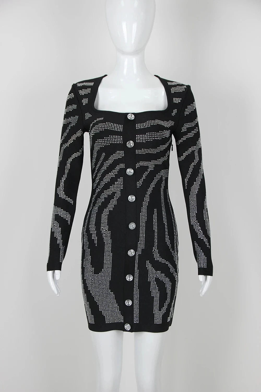 Women's Black Bodycon Long Sleeve Mini Dress Beading Diamond Bandage Evening Dresses