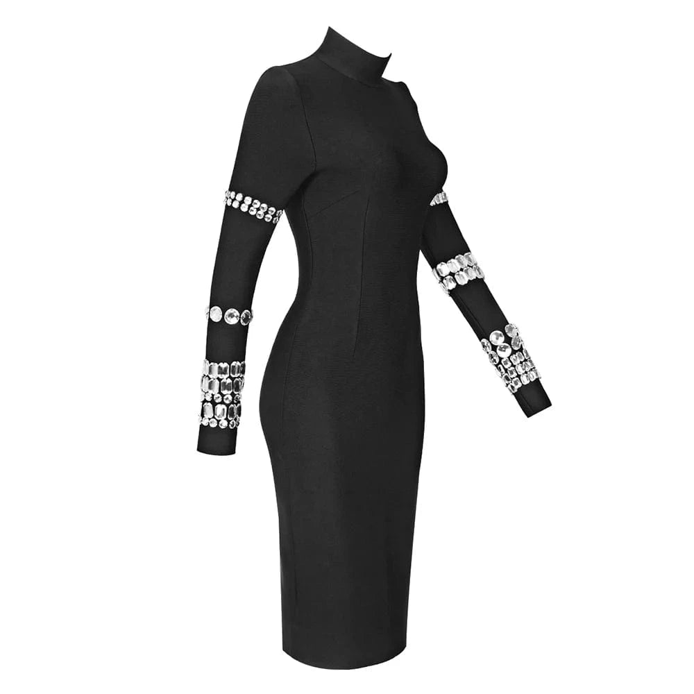 Women's Black High Neck Bodycon Long Sleeve Midi Dress Diamond Bandage Evening Dresses
