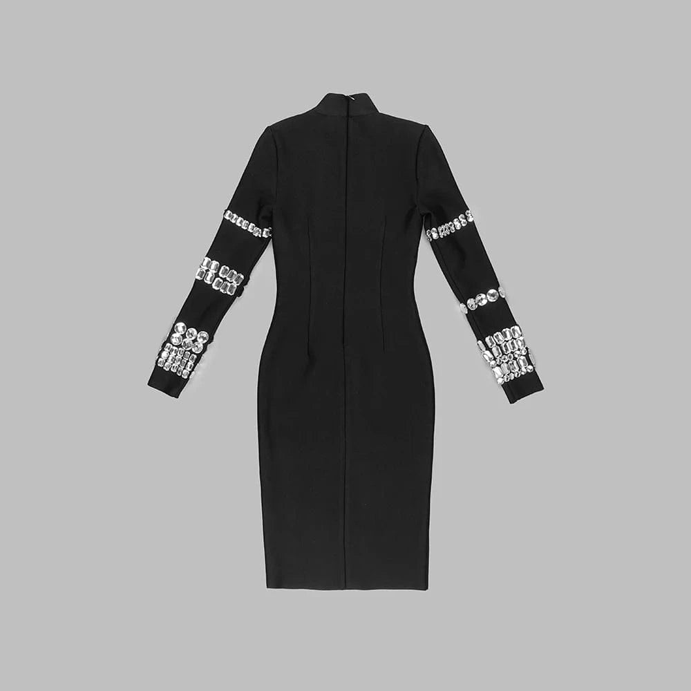 Women's Black High Neck Bodycon Long Sleeve Midi Dress Diamond Bandage Evening Dresses
