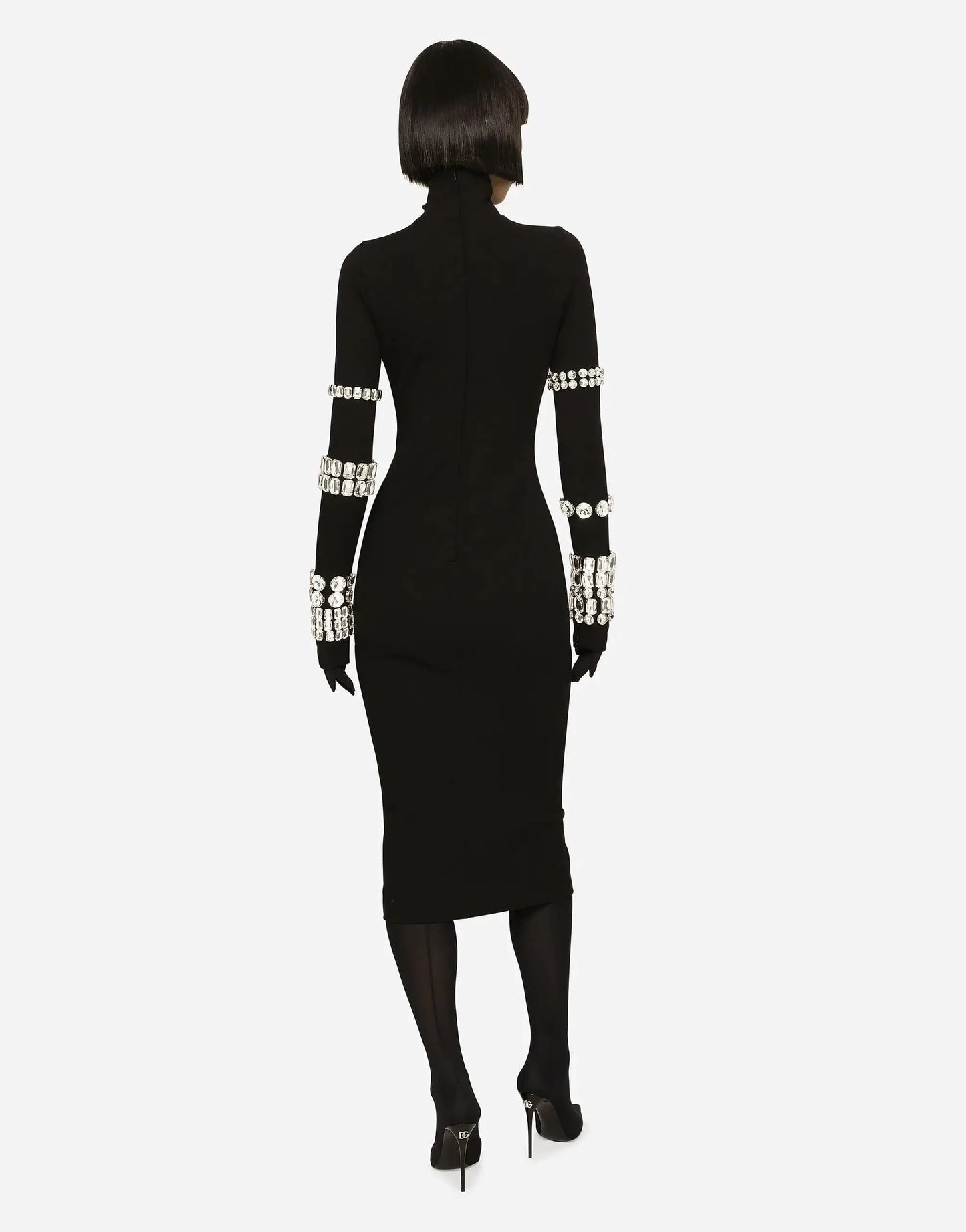 Women's Black High Neck Bodycon Long Sleeve Midi Dress Diamond Bandage Evening Dresses