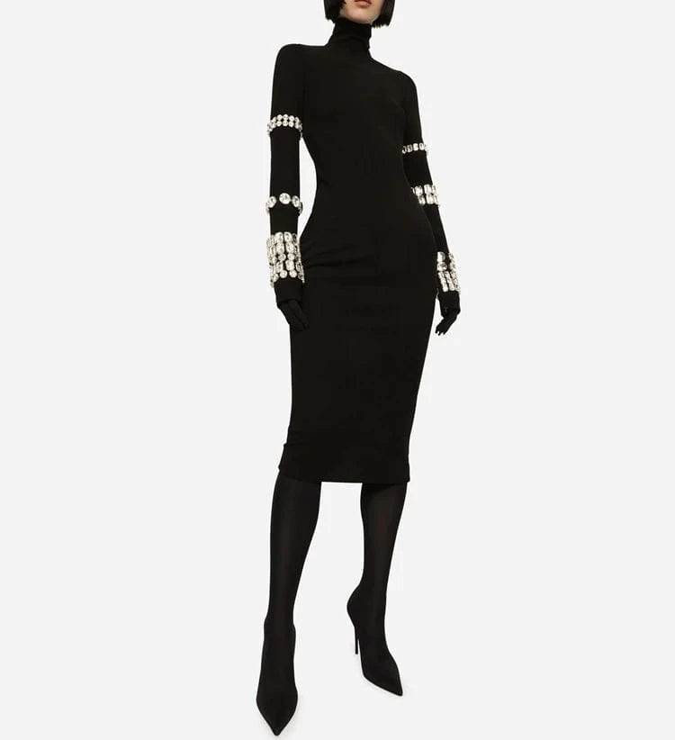 Women's Black High Neck Bodycon Long Sleeve Midi Dress Diamond Bandage Evening Dresses