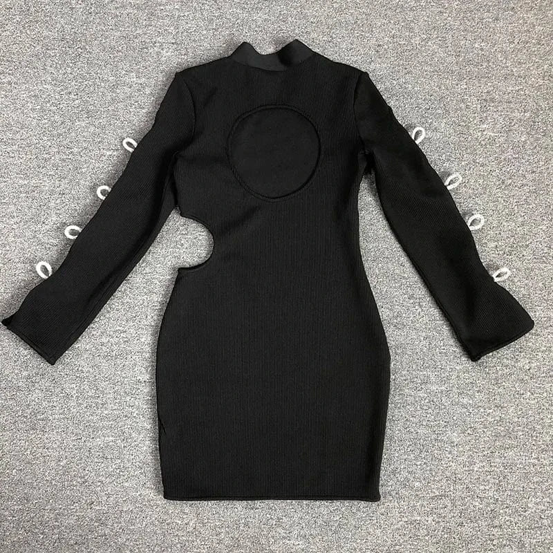 Women's Black O Neck Bodycon Long Sleeve Beading Bow Midi Dress Bandage Evening Dresses