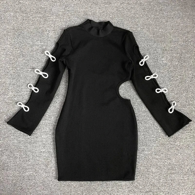 Women's Black O Neck Bodycon Long Sleeve Beading Bow Midi Dress Bandage Evening Dresses