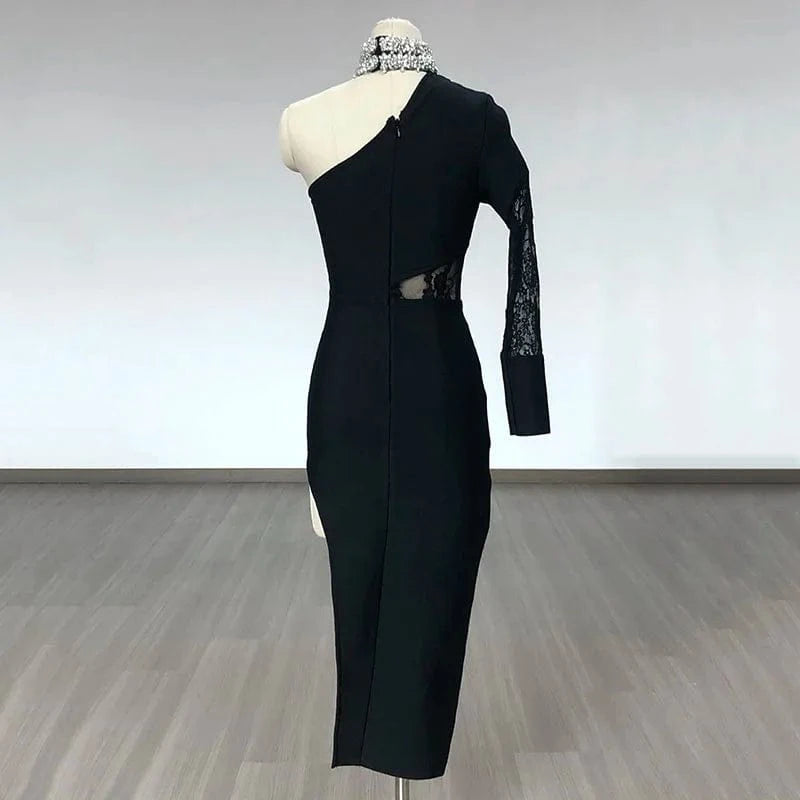 Women's Clothes Bodycon One Shoulder Crystal Collar Bandage Party Evening Prom Dress High Split Dresses