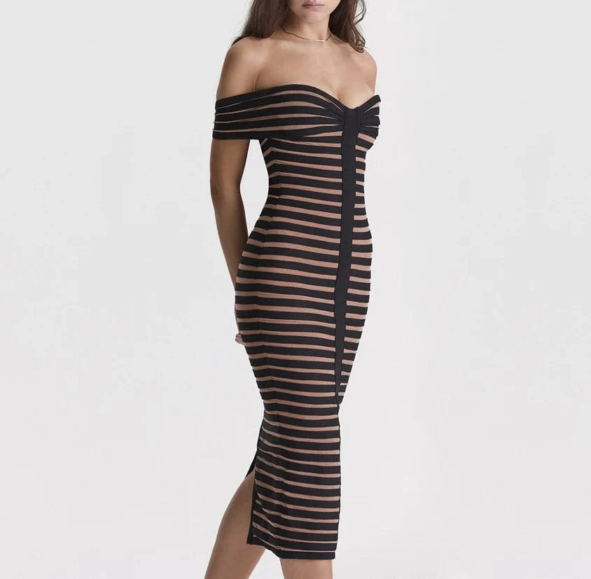 Women's Clothes Stripe Off Shoulder Sexy Party Prom Dress Bodycon Cocktail Dresses