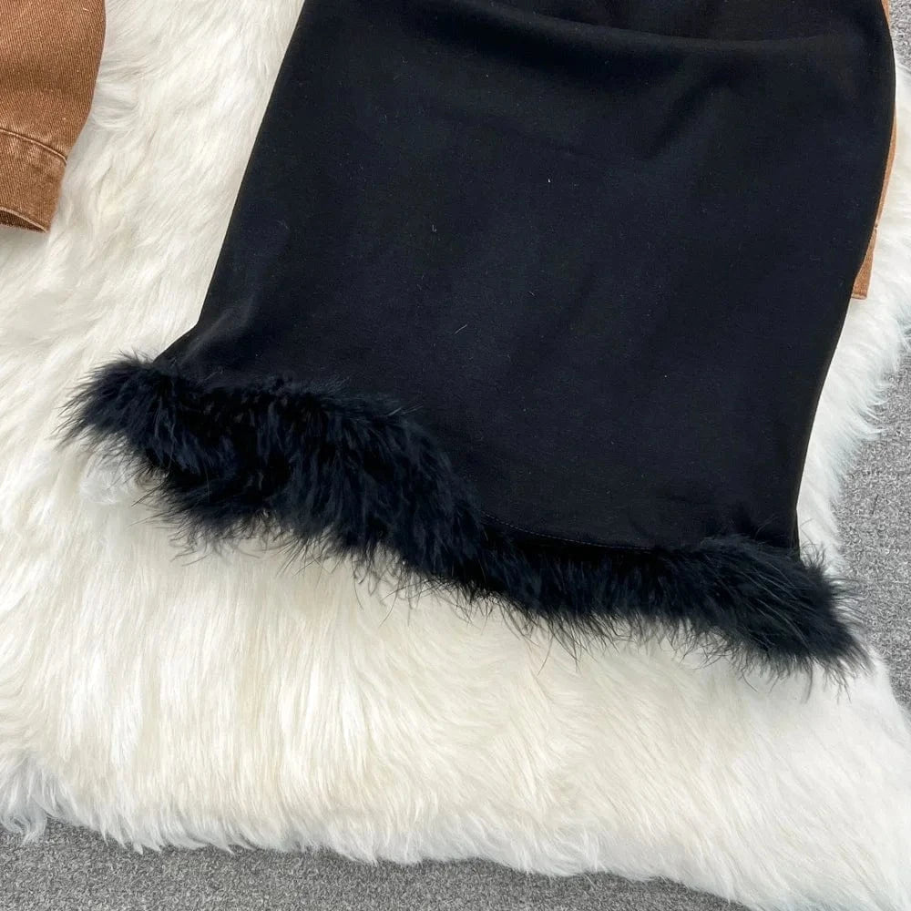 Women's Clothing 2024 Fashion Design Sense Hairy Dress New Denim Top Coat Fashion 2 Two-piece Dress