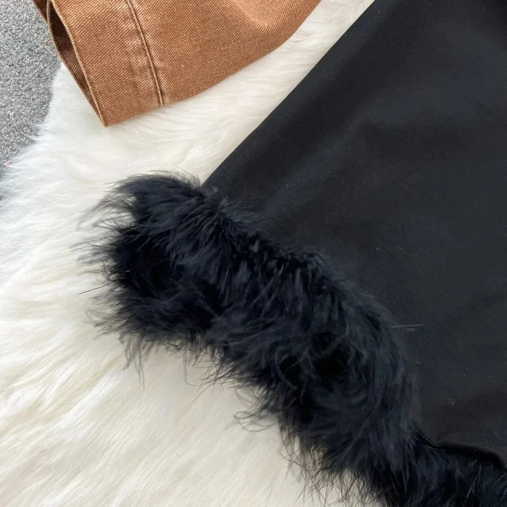 Women's Clothing 2024 Fashion Design Sense Hairy Dress New Denim Top Coat Fashion 2 Two-piece Dress