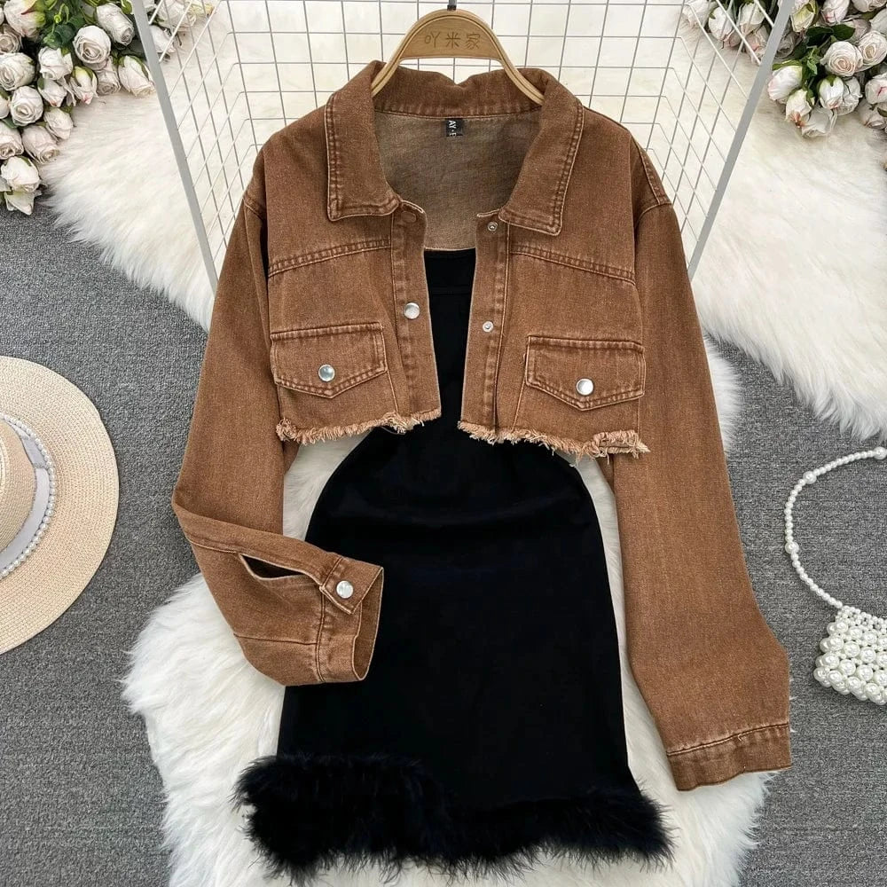 Women's Clothing 2024 Fashion Design Sense Hairy Dress New Denim Top Coat Fashion 2 Two-piece Dress