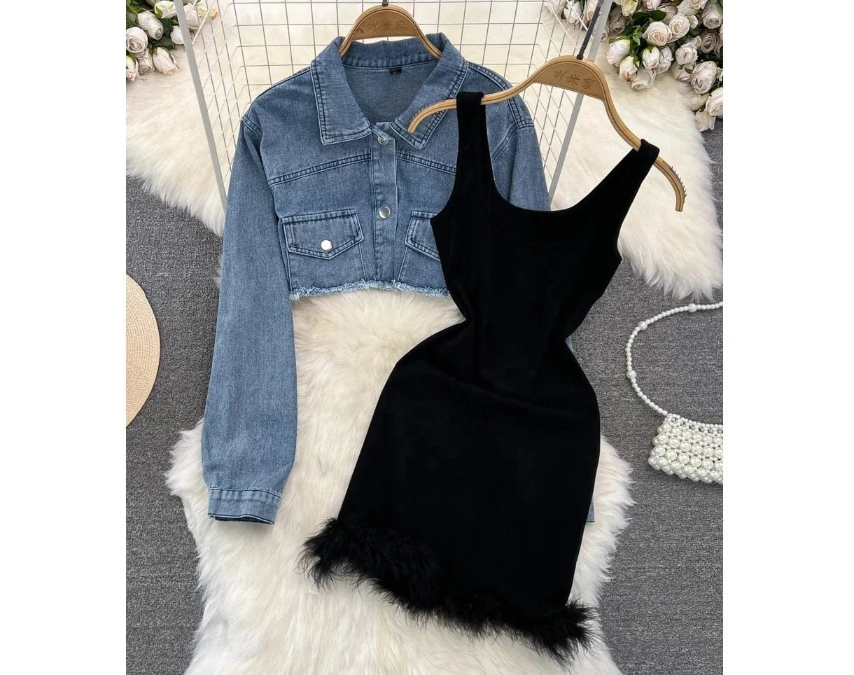 Women's Clothing 2024 Fashion Design Sense Hairy Dress New Denim Top Coat Fashion 2 Two-piece Dress