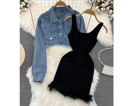 Women's Clothing 2024 Fashion Design Sense Hairy Dress New Denim Top Coat Fashion 2 Two-piece Dress