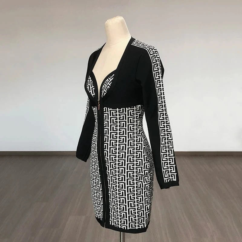 Women's Clothing V Neck Long Sleeve Jacquard Mini Dress Party Womens Dresses