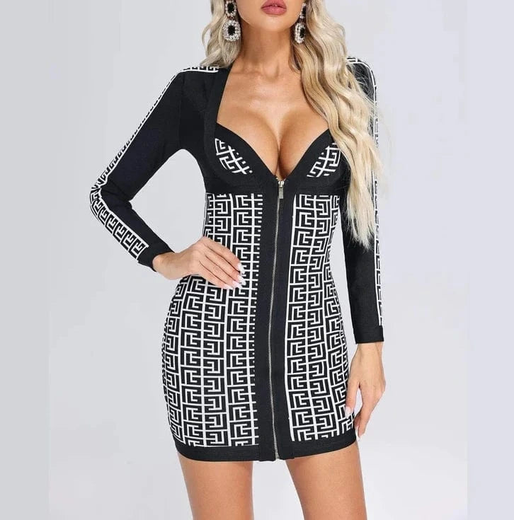 Women's Clothing V Neck Long Sleeve Jacquard Mini Dress Party Womens Dresses