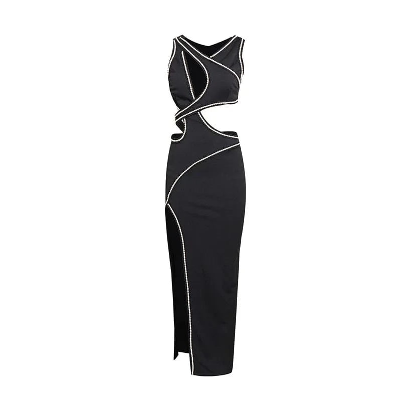 Women's Clothing Winter Sleeveless Pearls Hollow Out Party Evening Dresses