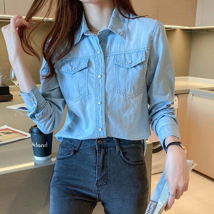 Women's Denim Shirt,Custom Autumn Slim Blue Denim Shirts for Women Casual Plain Long Sleeve Jean Shirt