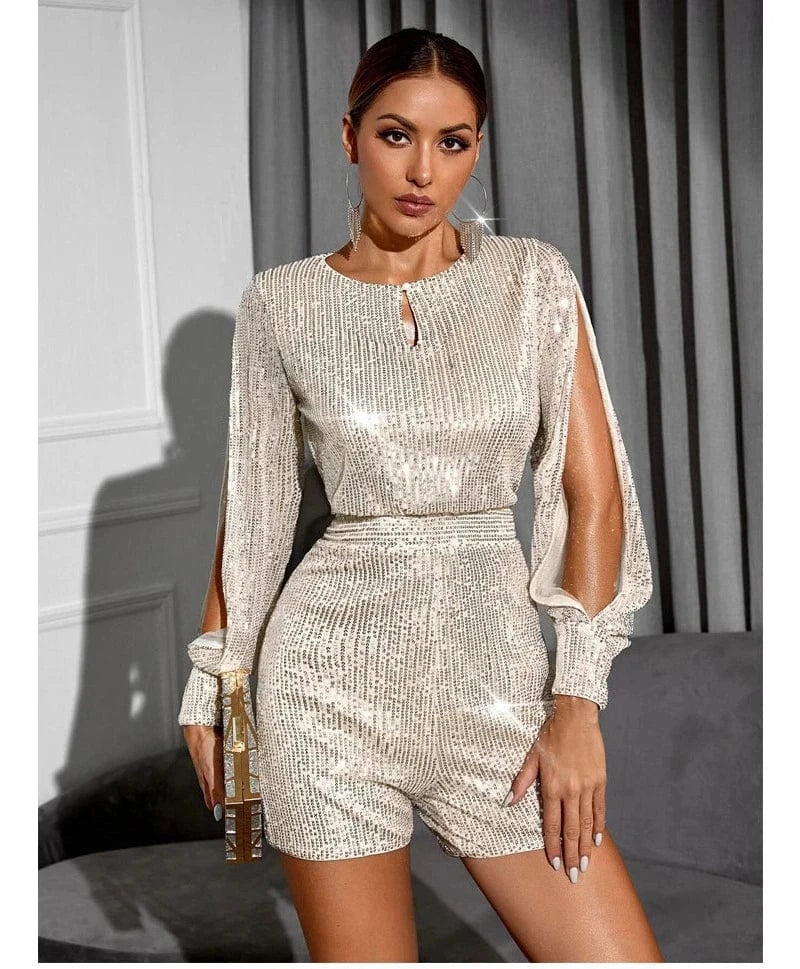 women's disco gold pink silver sequin dance short romper jumpsuit performance long sleeve sequin outfit clothing with sequins