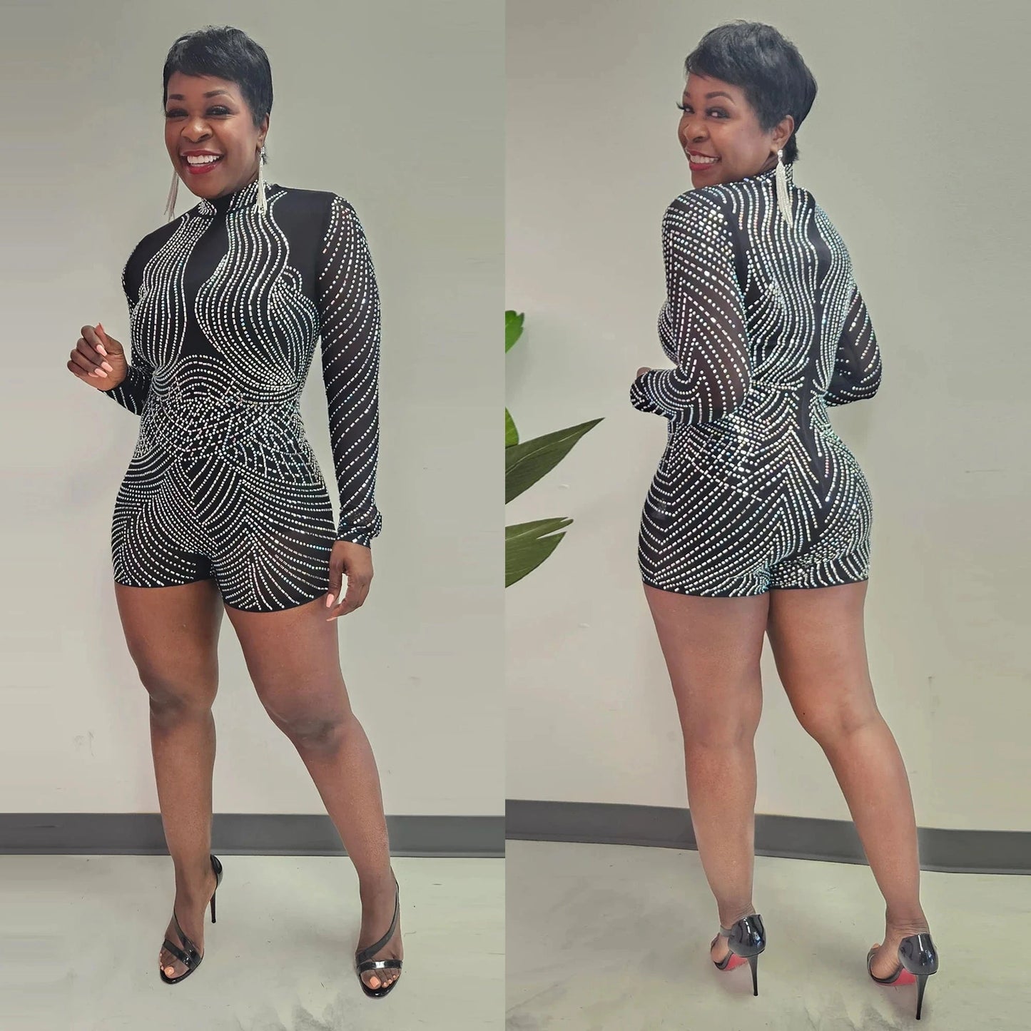 Women's elegant bandage beaded jumpsuit with short pants overalls for party wear