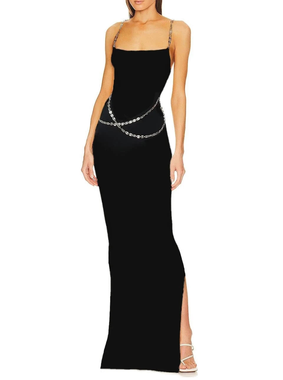 Women's Fashion Bodycon black sleeveless Chain Spaghetti Strap Party Bandage Evening Dresses