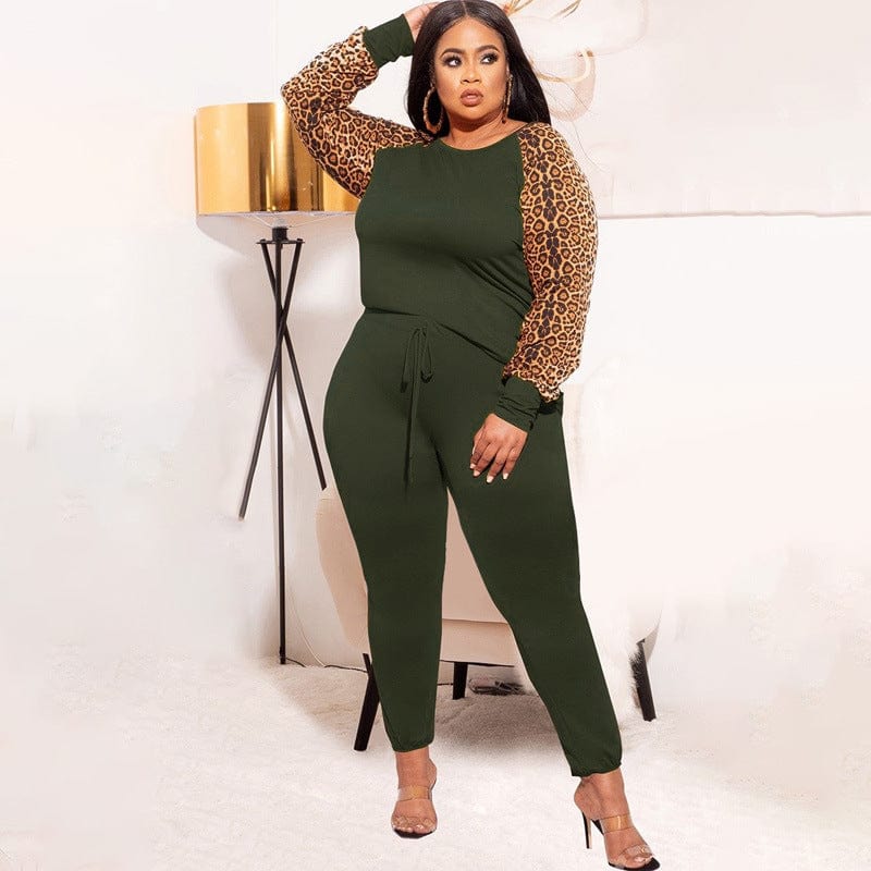 women's fashion solid color Leopard grain full length plus size women 2 piece pants sets