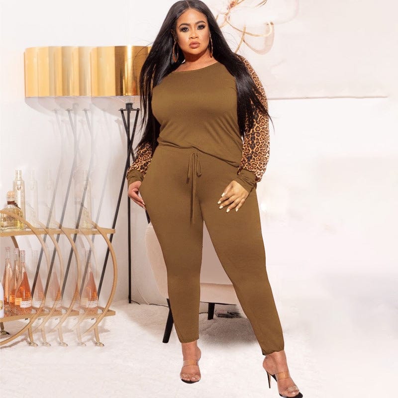 women's fashion solid color Leopard grain full length plus size women 2 piece pants sets