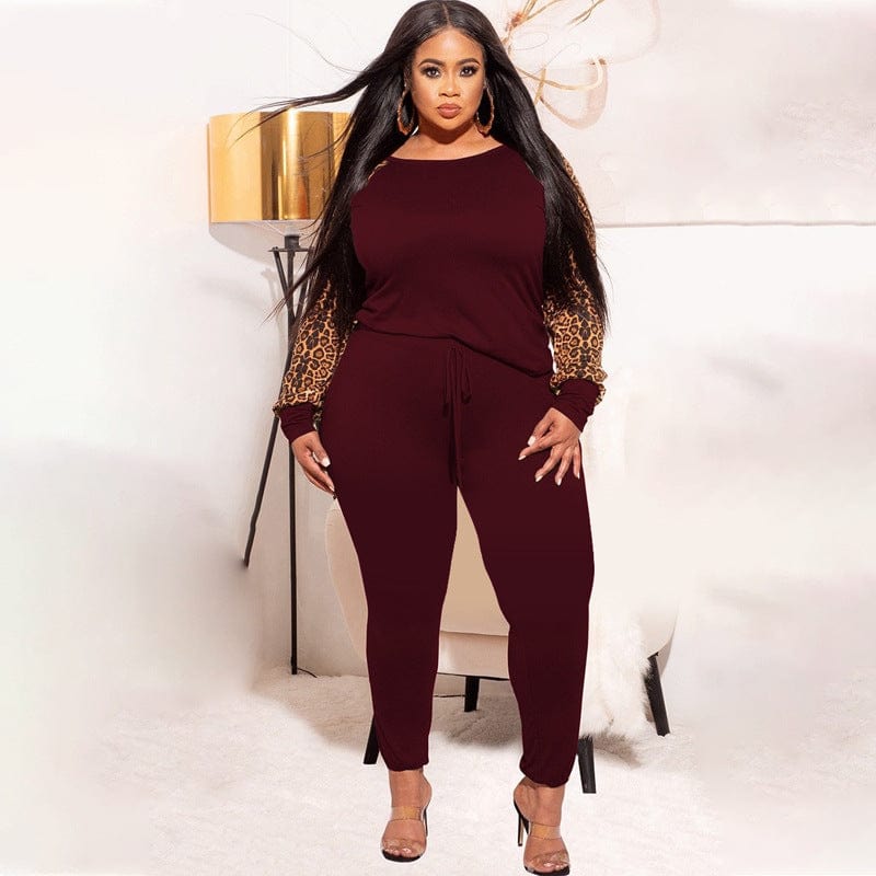 women's fashion solid color Leopard grain full length plus size women 2 piece pants sets