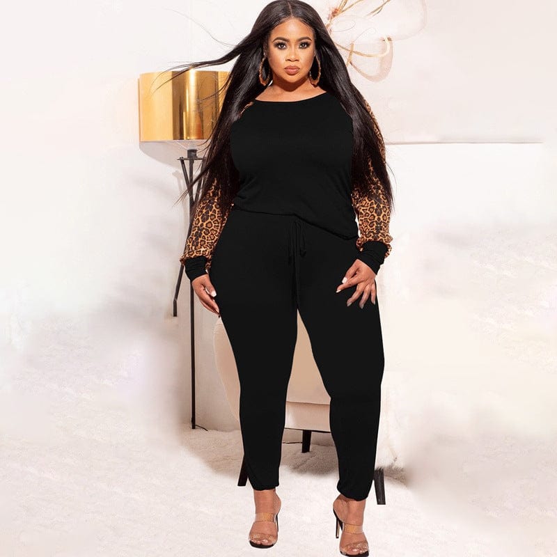 women's fashion solid color Leopard grain full length plus size women 2 piece pants sets