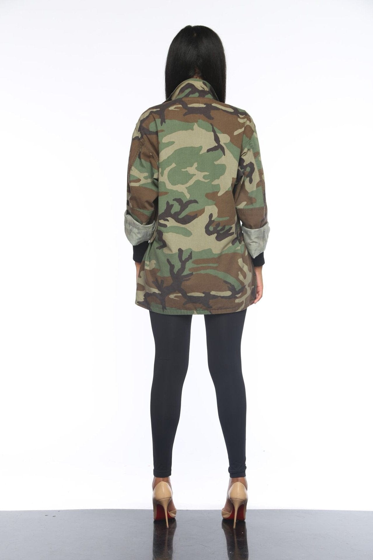 Women's Green Camouflage long Sleeve Coat Long Sleeve Lightweight Casual Snap Button Parka Coat Plus Size