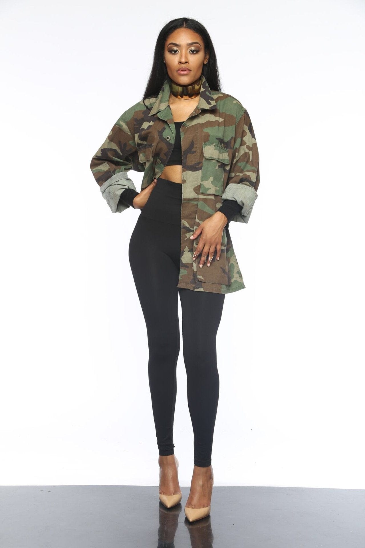 Women's Green Camouflage long Sleeve Coat Long Sleeve Lightweight Casual Snap Button Parka Coat Plus Size