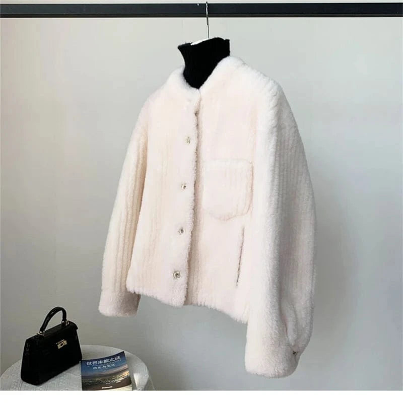 Women's Lamb Wool Fur Winter Round Neck Coat Female Girl Warm Sheep Shearling Short Jacket JT3313