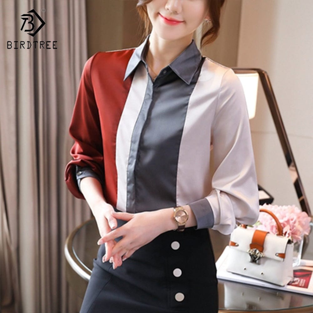 Women's Long Sleeve Satin Shirts Color-blocking Stripe Workwear Office Loose Chiffon Blouses Shirt Tops Autumn Spring 2023