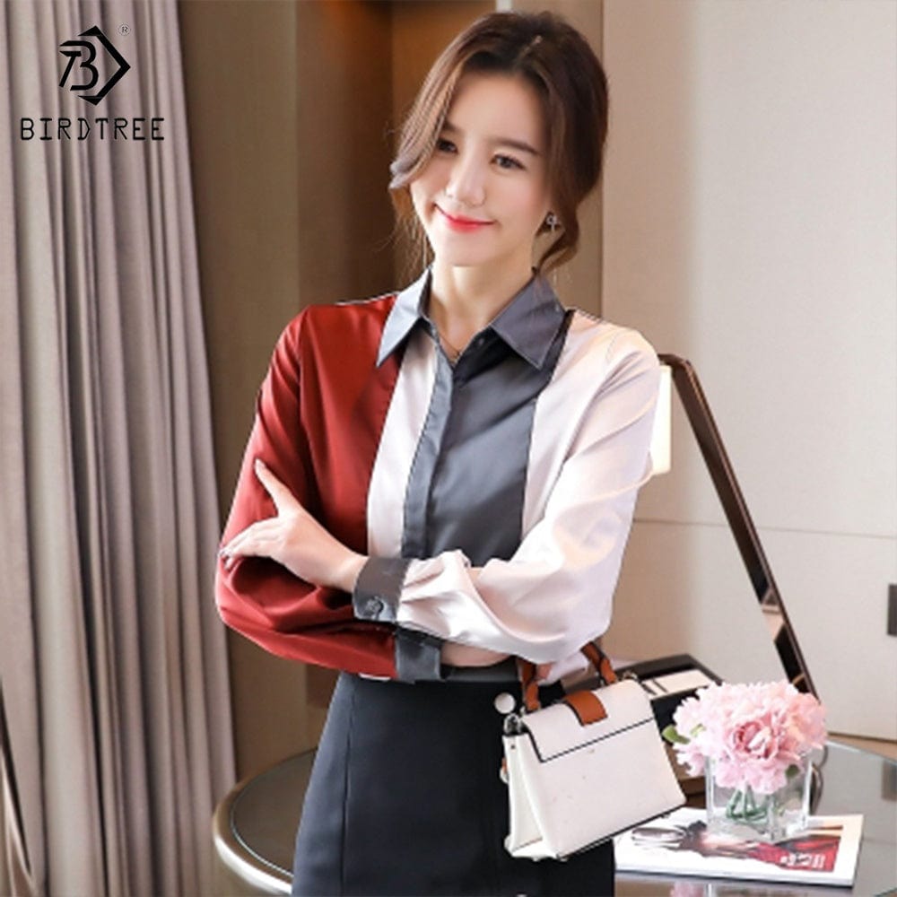 Women's Long Sleeve Satin Shirts Color-blocking Stripe Workwear Office Loose Chiffon Blouses Shirt Tops Autumn Spring 2023