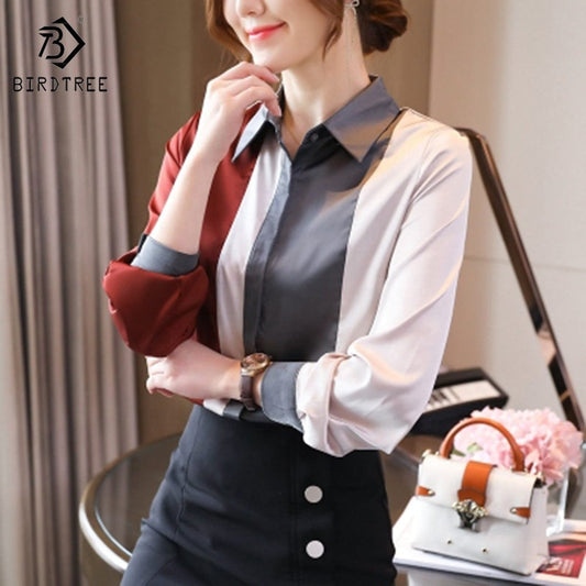 Women's Long Sleeve Satin Shirts Color-blocking Stripe Workwear Office Loose Chiffon Blouses Shirt Tops Autumn Spring 2023