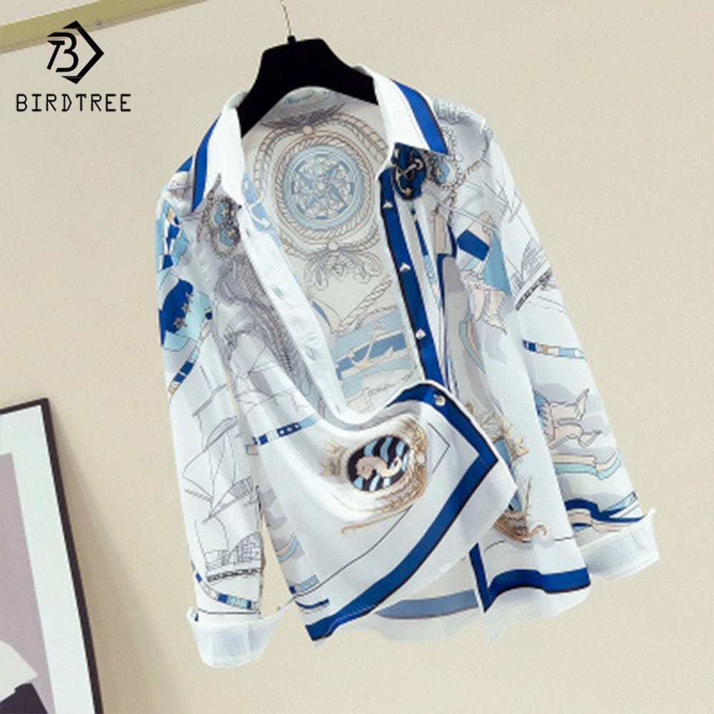 Women's Long Sleeve Shirts Elegant Creative Printed Casual Loose Blouses Chiffon Shirt Tops Autumn Spring
