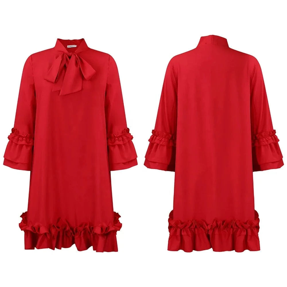 Women's Loose Casual Plus Size Ruffle Sleeve Tie Solid Color Foreign Trade Dresses