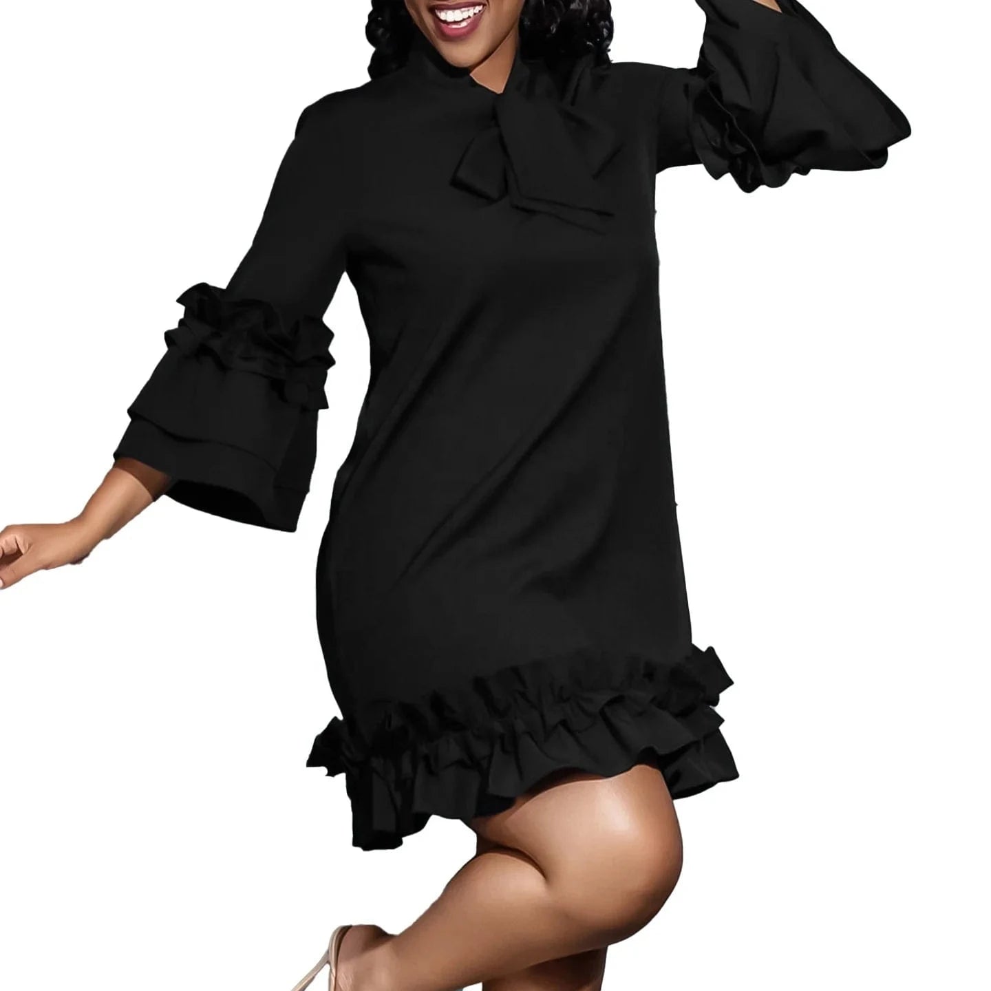 Women's Loose Casual Plus Size Ruffle Sleeve Tie Solid Color Foreign Trade Dresses
