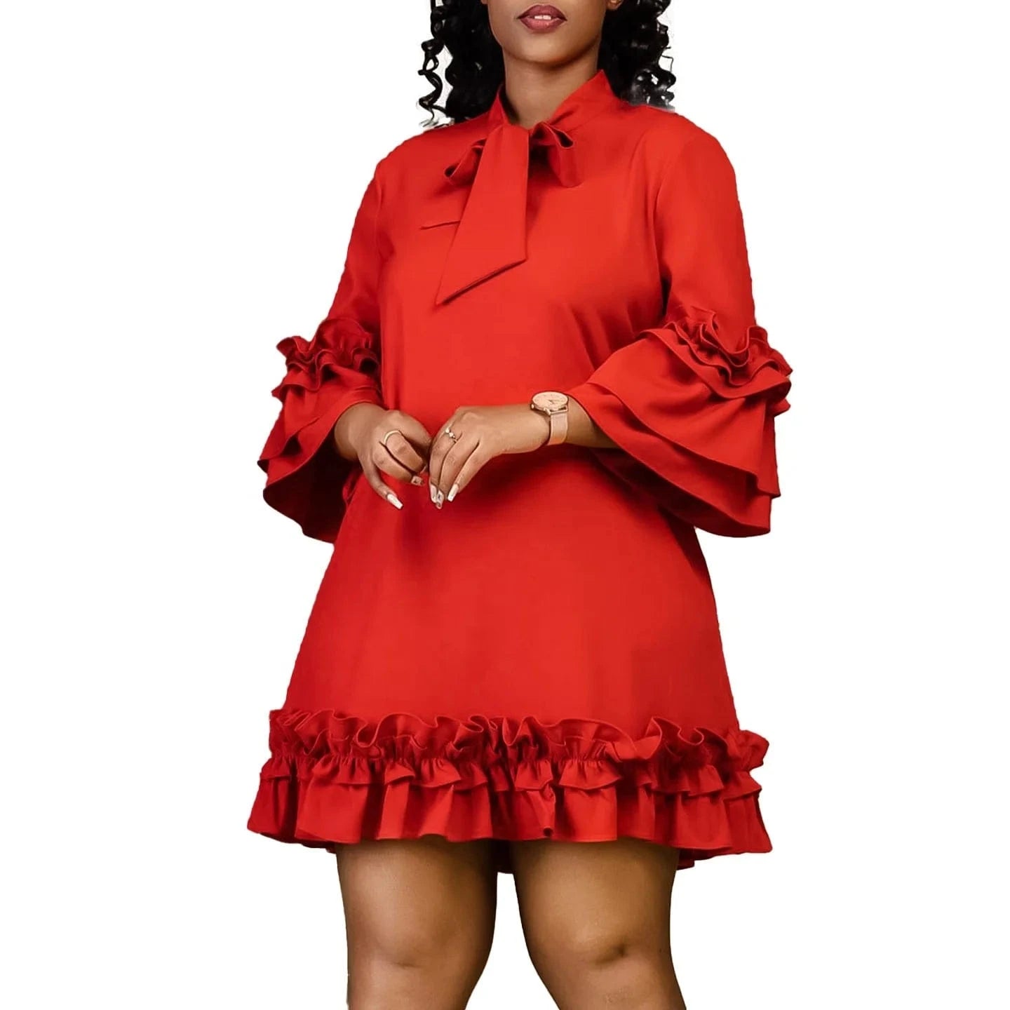 Women's Loose Casual Plus Size Ruffle Sleeve Tie Solid Color Foreign Trade Dresses