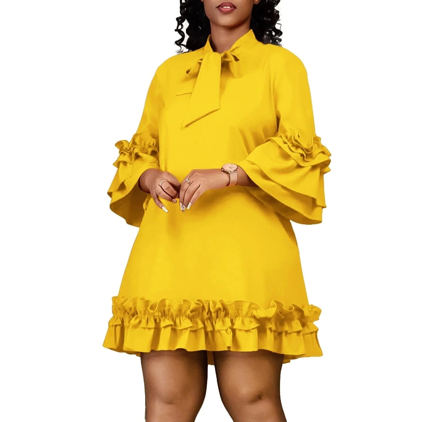 Women's Loose Casual Plus Size Ruffle Sleeve Tie Solid Color Foreign Trade Dresses