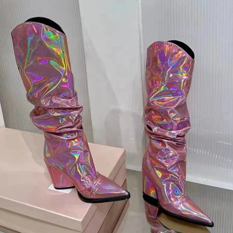 Women's Pointy Toe Knee-high Booties High Chunky Heels Boots Colorful Metallic Pleated Upper Slip On Shoes