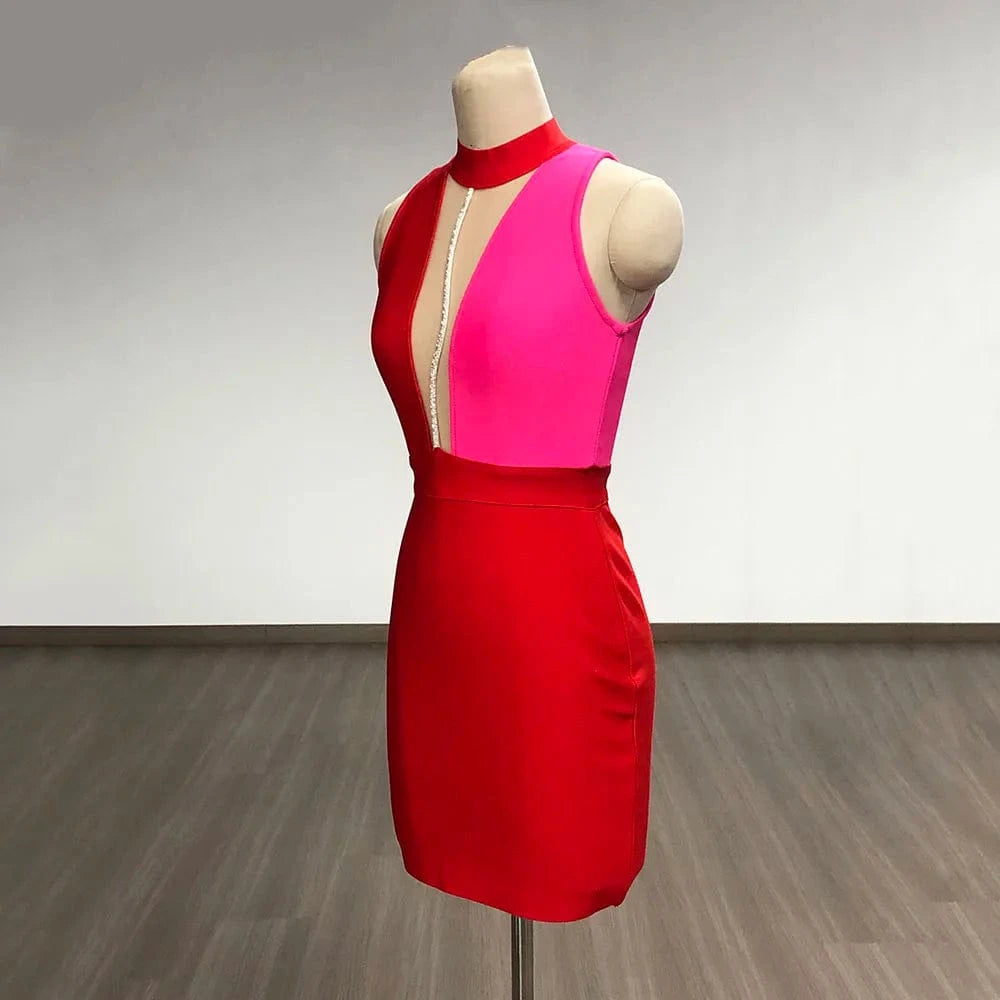 Women's Red Sexy Elegant sleeveless Hollow Out Mix Color Bandage Evening Dresses