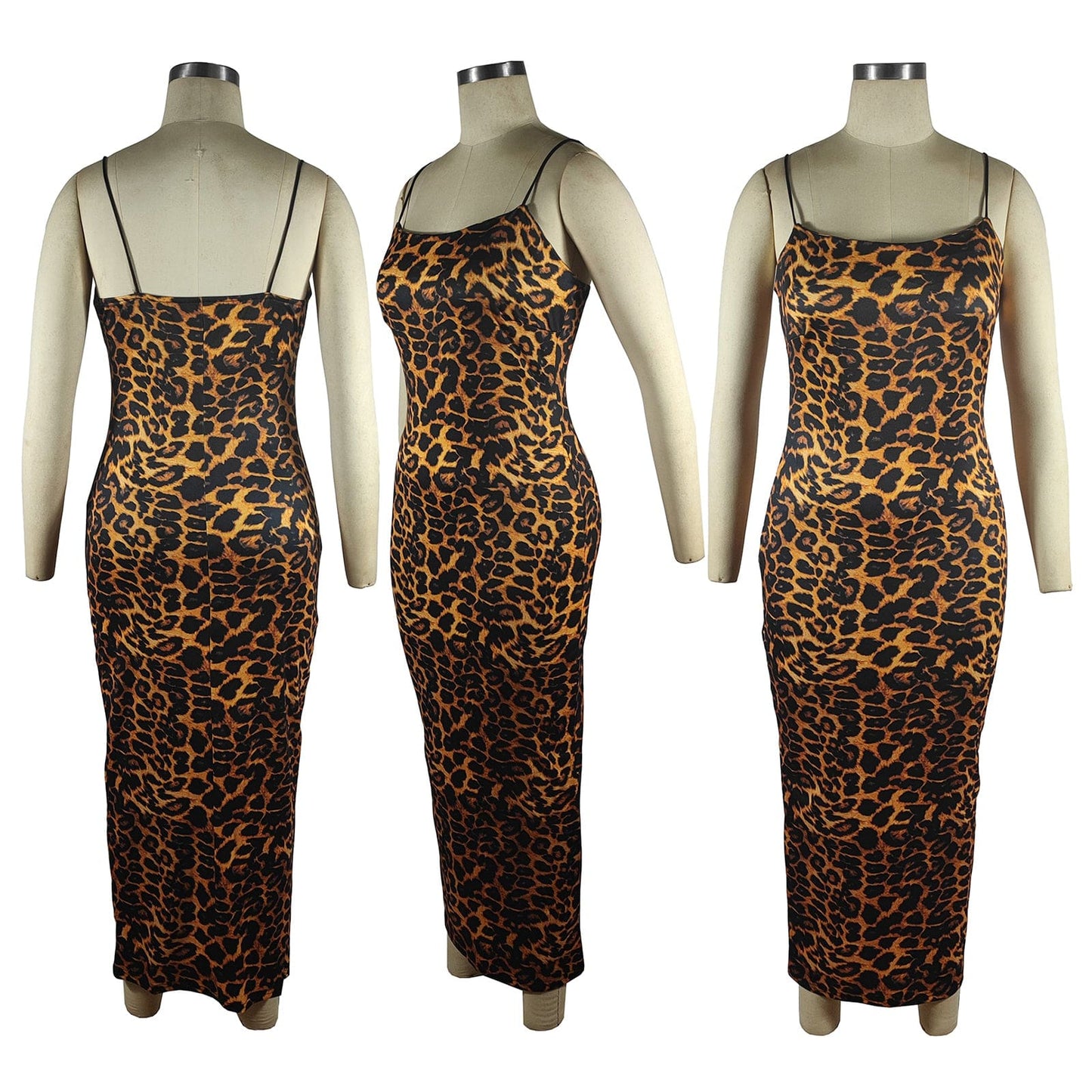 Women's Spaghetti Strap Dress Bodycon Sexy Sleeveless Leopard Print Maxi Long Club Dresses