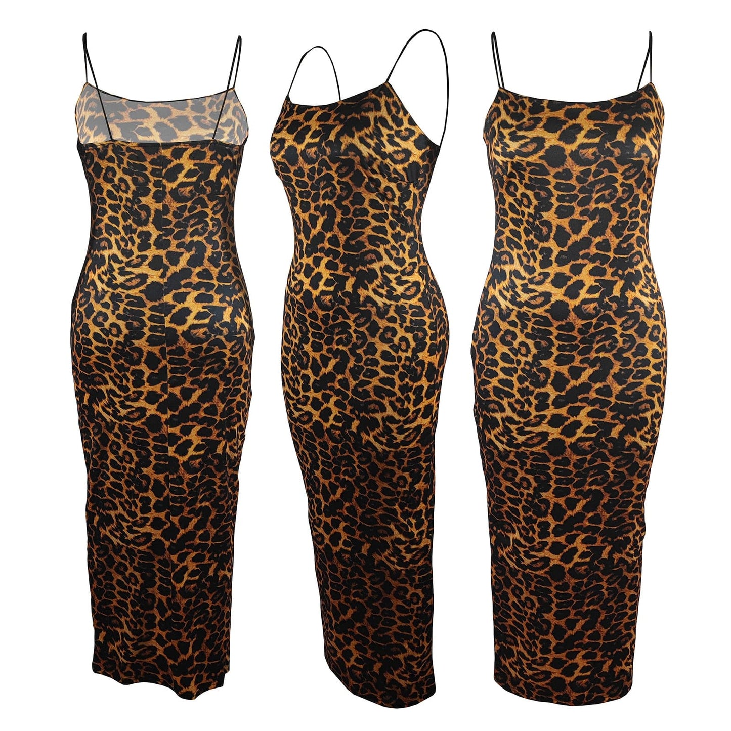 Women's Spaghetti Strap Dress Bodycon Sexy Sleeveless Leopard Print Maxi Long Club Dresses