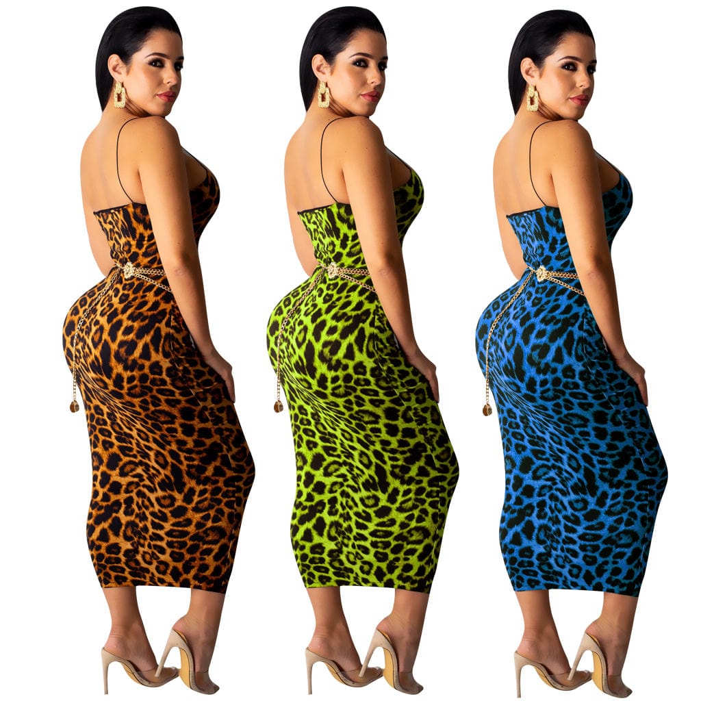 Women's Spaghetti Strap Dress Bodycon Sexy Sleeveless Leopard Print Maxi Long Club Dresses