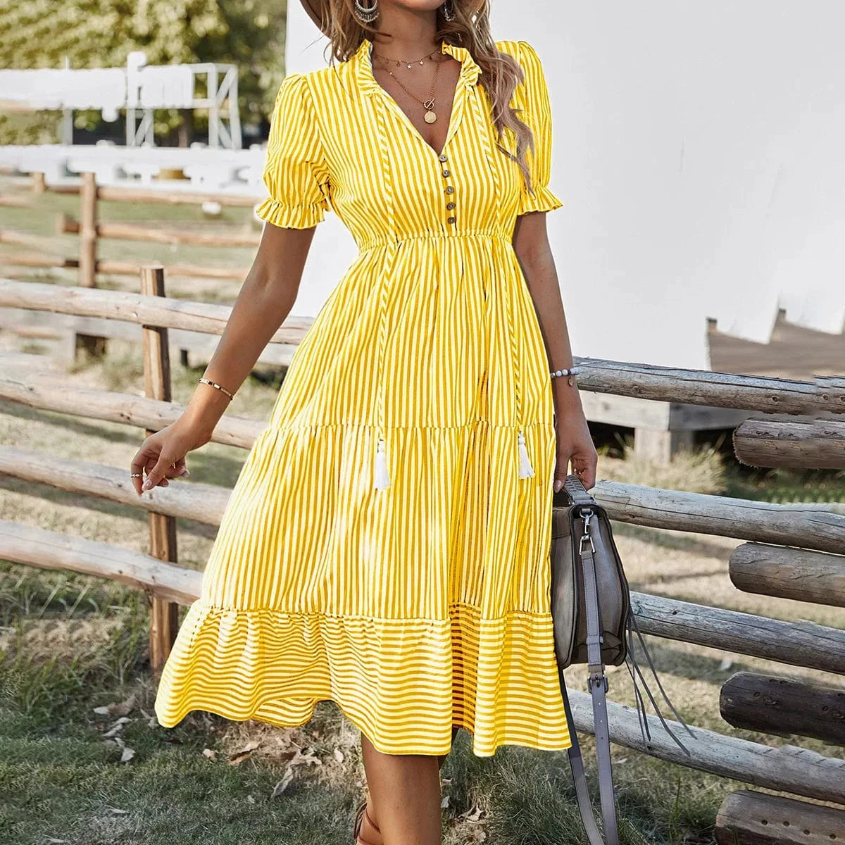Women's Summer Clothing 2023 New Hot Style Printed Fashion Loose Elegant Striped Short-Sleeved V-neck Dress